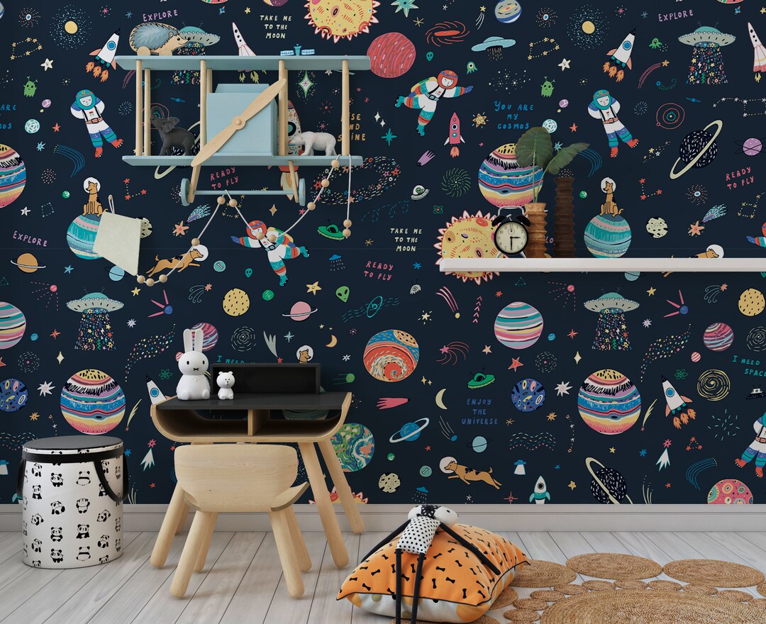 Kid's Wallpaper Space Moon Stars Rocket Sun Self Adhesive Peel