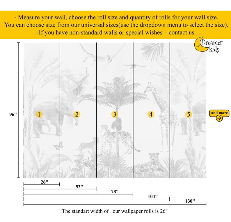Kids Safari Jungle Animals Wallpaper, Peel and Stick Giraffe Nursery Mural , Kids Jungle Themed, Removable Baby Room Wallpaper #30 image 5