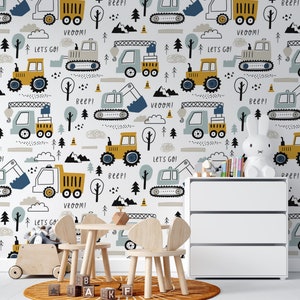 Tapete für Jungen mit Bagger und Kran, Kinderzimmer Wandbild, kleben und kleben, selbstklebend, wieder entfernbar, Wanddeko