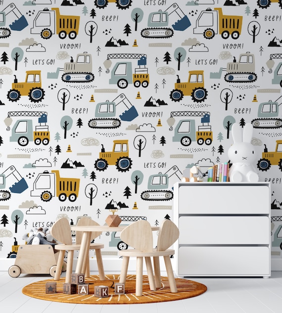 Wallpaper for Boys with Excavators and Cranes, Nursery Wall Mural, Peel and Stick, Self-Adhesive, Removable, Wall Decor