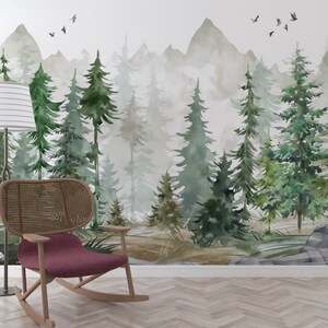 Woodland Watercolor Peel and Stick Wall Mural - Fairy Pine Tree Kids ...