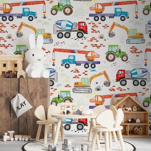 Trucks and Construction | Peel and stick wallpaper | Removable wallpaper | Nursery wallpaper | Cute | Accent wall