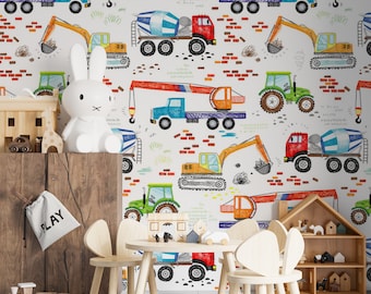 Papier peint autocollant Trucks and Construction : mur d&#39;accent pour chambre d&#39;enfant