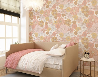 70er 60er Jahre Retro Blumen Tapete zum Aufkleben, Blumen Tapete, Abnehmbare Tapete mit Blumenmuster