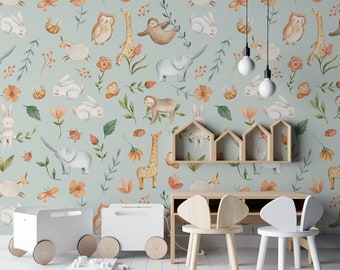 Whimsical Woodland Animals Removable Wallpaper - Other colors available / Sketched Animals Wallpaper / Nursery Decor / Animal Accent Wall