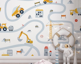 Papier peint amovible Construction Trucks : mur décoratif pour chambre d&#39;enfant