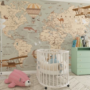 Educational Detailed World Map Wallpaper for Kids, Customized Kids World Map Wallpaper, Kids Room Decor, Peel And Stick Wallpaper