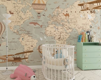 Educational Detailed World Map Wallpaper for Kids, Customized Kids World Map Wallpaper, Kids Room Decor, Peel And Stick Wallpaper