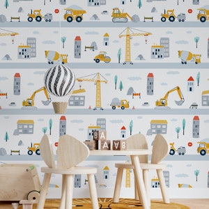 Papel pintado de vehículos de construcción, autoadhesivo, grúa, camión, infantil con vehículos, excavadora