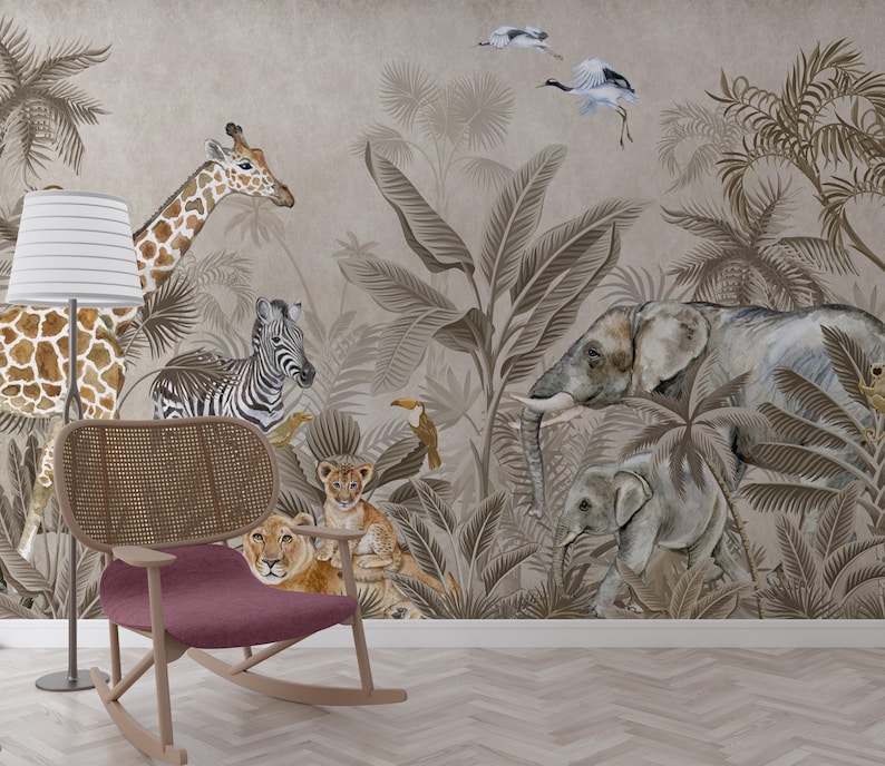 Jungle Animals Wallpaper Mural: Safari Tropical Peel and Stick ...