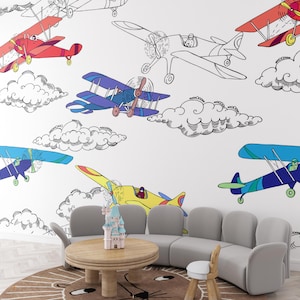 AirPlanes Wallpaper, Flying Planes Kids Room, Nursery Wallpaper, Airplane Wall Decor, Peel & Stick Removable