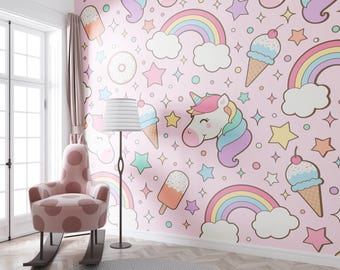 Unicorn Wallpaper Girls Bedroom. Unicorns Wall Mural Non Woven. Rainbow Wall Decor Princess Room. Accent Wall Art Nursery