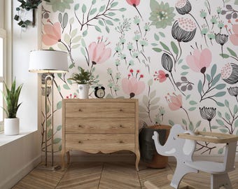 Floral Prints Girls Room Wallpaper, Watercolor Floral Wallpaper, Girls Nursery Wallpaper, Kids Wallpaper, Childrens Wallpaper, Peel Stick