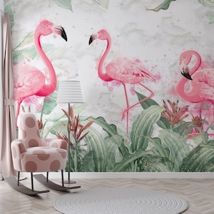 Tropisch flamingobehang: aquarel jungle dieren kinderdecor