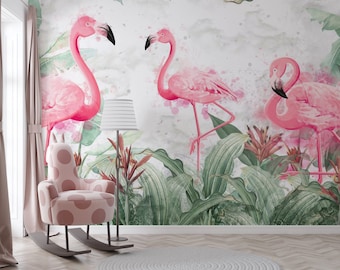 Tropical watercolor wallpaper - aquarelle animal wallpaper - kids jungle wallpaper - animal kids wallpaper - flamingo wallpaper
