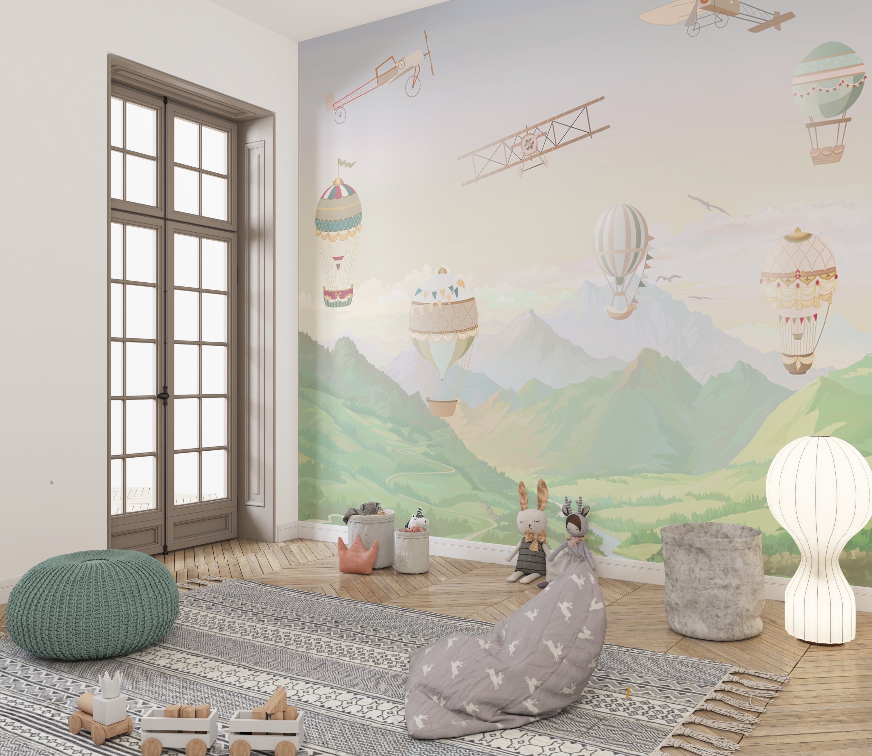 Mountain Kids Wallpaper Hot Air Balloons Wall Mural Peel and Stick Easy ...