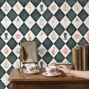 May include: A whimsical scene featuring a vintage tea set with floral patterns, a decorative mirror, and a backdrop of a black and white checkered pattern with Alice in Wonderland-themed illustrations. The scene includes a hand holding a teacup.