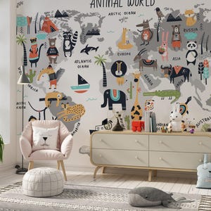 Kinder Karte Wandbild zum Schälen und Aufkleben, Kinder Weltkarte Wandbild, Weltkarte Wandbild Kleine Tiere Tapete Kinderzimmer