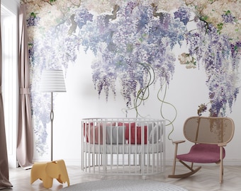 Lavender Wisteria Flowers Wallpaper / Spring Sky Headboard Wallpaper/ Retro Wall Decor Watercolor White Violet Flowers Peel and Stick