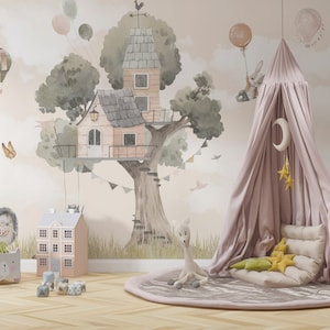 Cute Animals Wallpaper and  House on the Tree Wall Mural - Peel and Stick Air Balloons Wallpaper - Self Adhesive Nursery Kids Decal