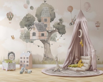 Cute Animals Wallpaper and  House on the Tree Wall Mural - Peel and Stick Air Balloons Wallpaper - Self Adhesive Nursery Kids Decal
