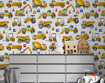 Trucks | Construction | Peel and stick wallpaper | Removable wallpaper | Nursery wallpaper | Cute | Accent wall #300