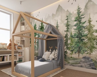 Woodland Watercolor Peel and Stick Wall Mural - Fairy Pine Tree Kids Nursery Removable Decal - Self Adhesive Forest Wallpaper #26