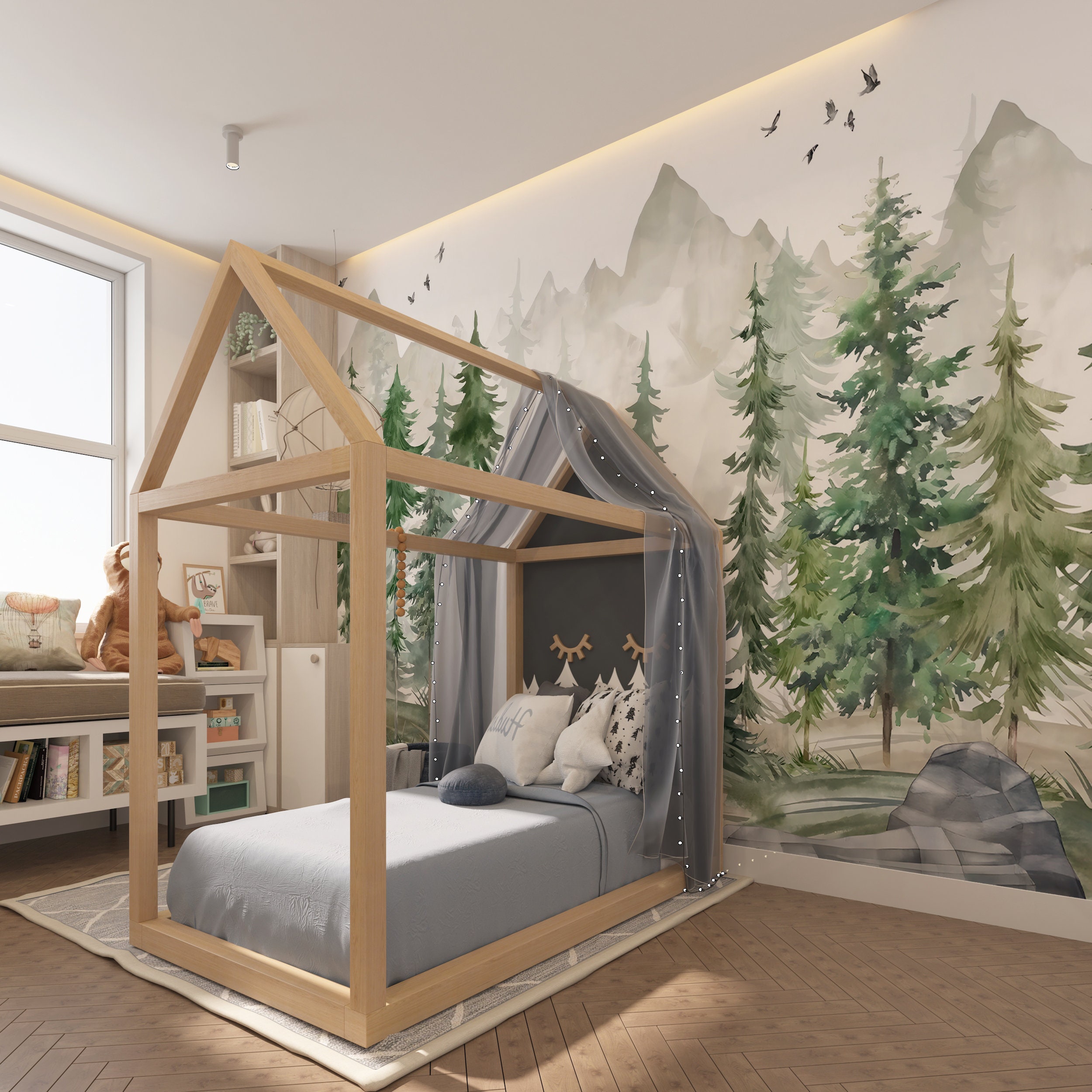 Woodland Watercolor Peel and Stick Wall Mural - Fairy Pine Tree Kids Nursery Removable Decal - Self Adhesive Forest Wallpaper #26