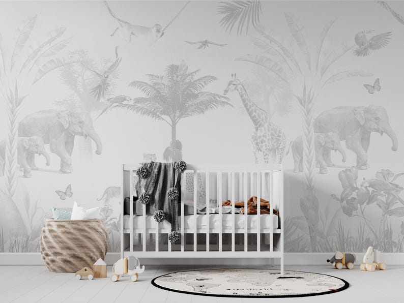 Kids Safari Jungle Animals Wallpaper, Peel and Stick Giraffe Nursery Mural , Kids Jungle Themed, Removable Baby Room Wallpaper #30 image 4