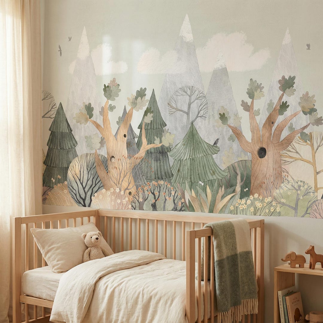Kids Nursery Wallpaper, Mountains Watercolor Woodland Nursery Decor ...