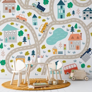 Trenes de coches de dibujos animados y fondo de pantalla de carreteras / Mural de pared de patrón / Peel and Stick Autoadhesivo o Pegado / Fondo de pantalla extraíble / Tamaño personalizado #19