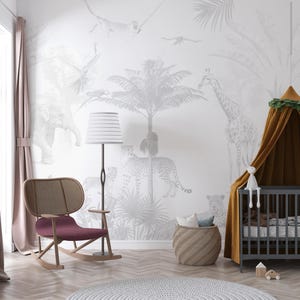 Kids Safari Jungle Animals Wallpaper, Peel and Stick Giraffe Nursery Mural , Kids Jungle Themed, Removable Baby Room Wallpaper #30 image 1