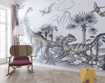 Dino Wallpaper, Prehistory Dinosaur Design Wall, Nursery Wall Decor, Peel and Stick