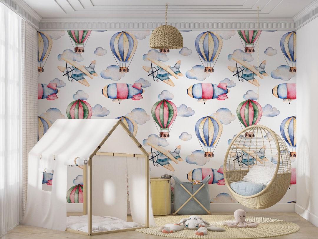 Kids Wallpaper Hot Air Balloons Peel and Stick Air Plane Easy - Etsy