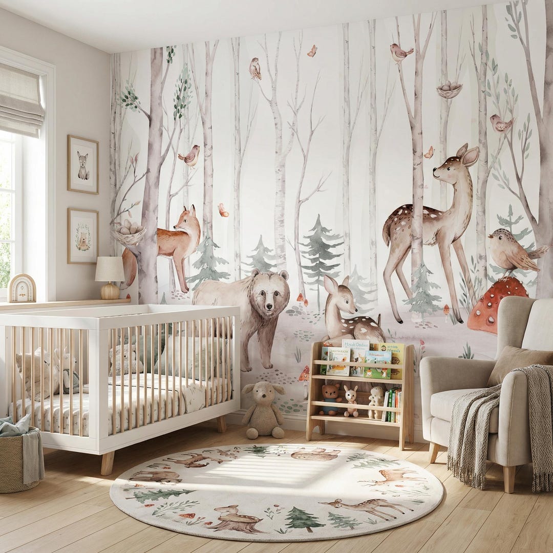 Forest Animals Nursery Wallpaper - Woodland Wall Mural, Watercolor ...