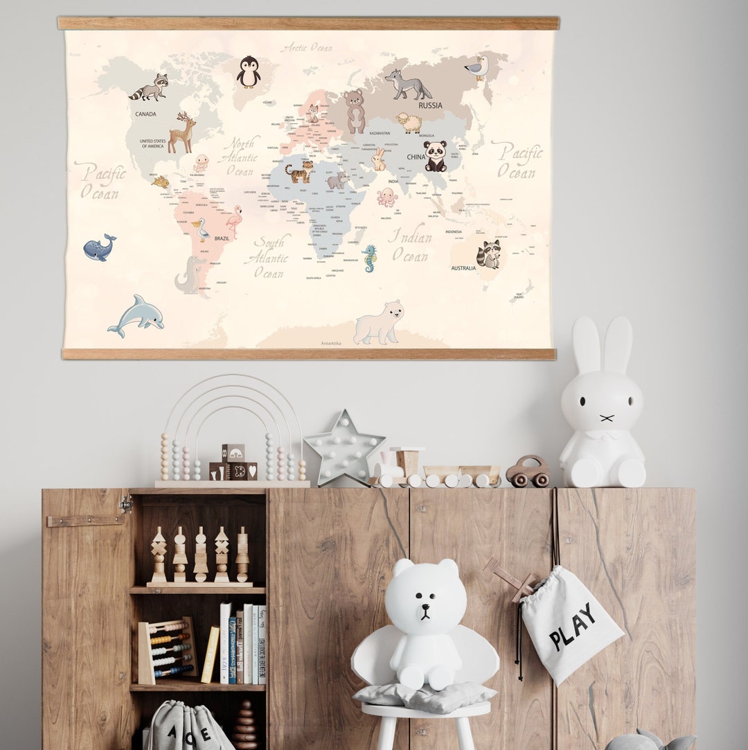 Baby Room Map Decor, Animal World Map for Kids Print, Children's Room ...
