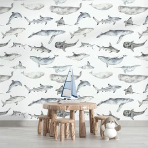 Carta da parati oceano, pesce sottomarino balena, squalo, delfino, razza, marlin Carta da parati onde del mare murale per la decorazione della stanza dei bambini autoadesiva per la cameretta dei bambini