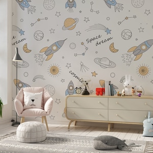 Space Kids Wallpaper Moon Star Galaxy Sky Nursery Cartoon Animal Planet Peel and Stick Self Adhesive Non Woven Removable Children Wall Mural