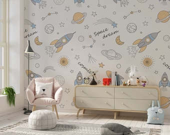 Space Kids Wallpaper Moon Star Galaxy Sky Nursery Cartoon Animal Planet Peel and Stick Self Adhesive Non Woven Removable Children Wall Mural