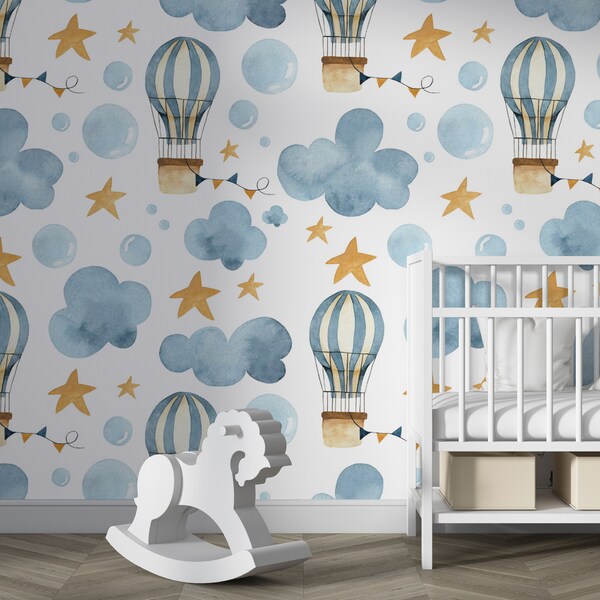 Balloons in the Sky Clouds Stars Wallpaper Kidsroom Nursery Kindergarten Self Adhesive Peel and Stick Wall Decoration Scandinavian Removable