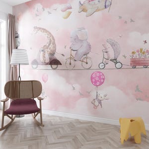Flying Animals Kids Wallpaper, Hot Air Balloon and Plane Peel and Stick Nursery Room Wall Mural, Kids Playroom Giraffe Wall Décor