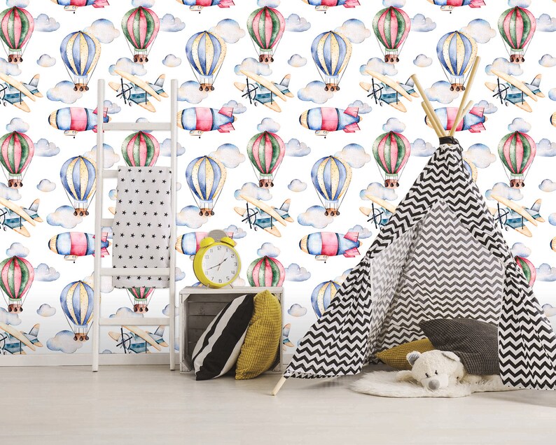Kids Wallpaper Hot Air Balloons Peel and Stick Air Plane Easy - Etsy