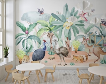 May include: A watercolor mural featuring a jungle scene with various animals, including an emu, cassowary, kangaroo, and echidna. The mural is painted in shades of green, brown, and yellow, with white clouds and bats flying overhead.