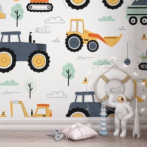 Wallpaper for Boys with Excavators and Cranes, Nursery Wall Mural, Peel and Stick, Self-Adhesive, Removable, Wall Decor #193