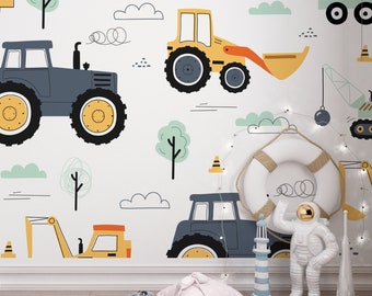 Wallpaper for Boys with Excavators and Cranes, Nursery Wall Mural, Peel and Stick, Self-Adhesive, Removable, Wall Decor #193