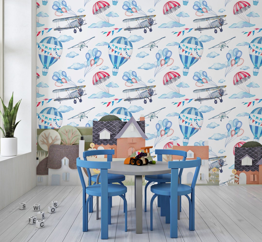 Kids Wallpaper Hot Air Balloons Peel and Stick Air Plane Easy - Etsy