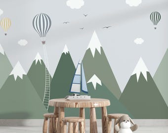 Mountain Nursery Wallpaper Mural, Air ballons, Trees Forest and Mountains Kids Babies Room Wall Murals