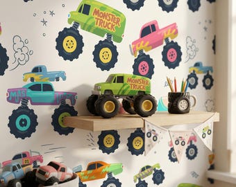 Monstertruck Tapete für Jungen - Wanddeko mit Riesenrad, Kinder Rennauto Wandbild, Schälen und Aufkleben oder Traditionell