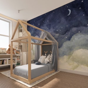 Carta da parati riposizionabile con cielo notturno, design da parete con stelle e luna, carta da parati staccabile e adesiva, carta da parati autoadesiva con spazio per la cameretta dei bambini
