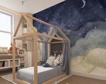 Night Sky Repositionable Wallpaper, Stars and Moon Wall Design, Peel & Stick Wallpaper, Space Self Adhesive Wallpaper for Nursery